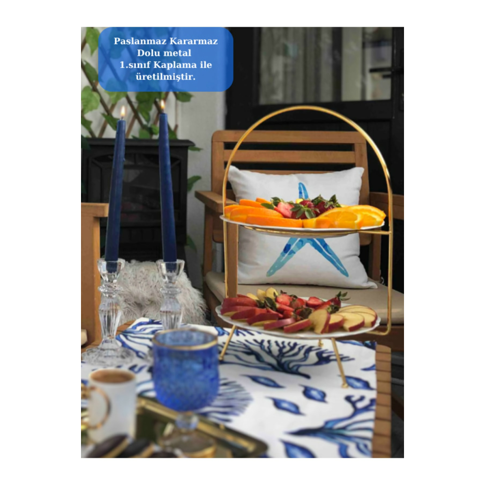 2 Katlı Paslanmaz Kararmaz Gold Etajer Sunum Ve Ikramlık Pasta Standı / Tabaklar Temsilidir.