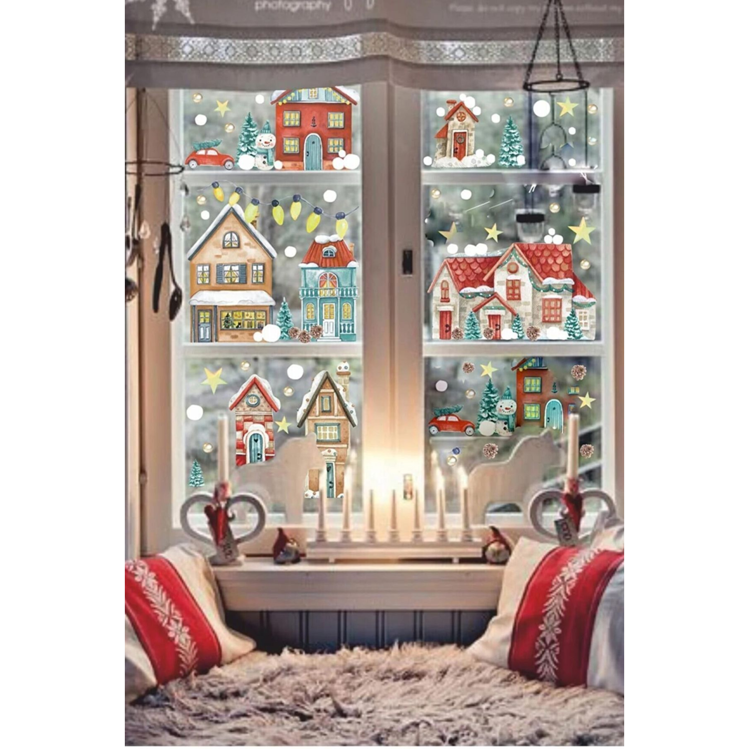 Yılbaşı Karlı Şehir Yeni Yıl Çocuk Bebek Odası Sticker Seti , Yılbaşı Süsü Yeni Yıl Kış Konsepti