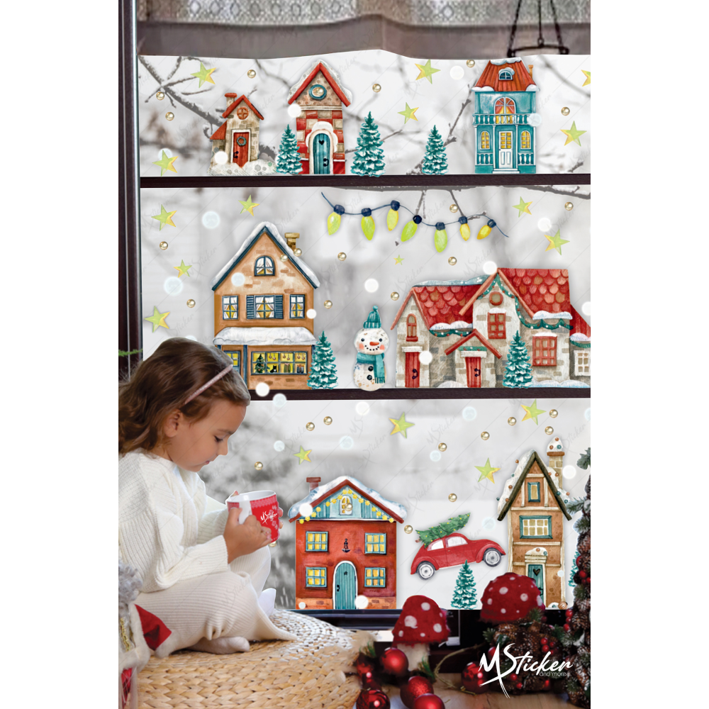 Yılbaşı Karlı Şehir Yeni Yıl Çocuk Bebek Odası Sticker Seti , Yılbaşı Süsü Yeni Yıl Kış Konsepti