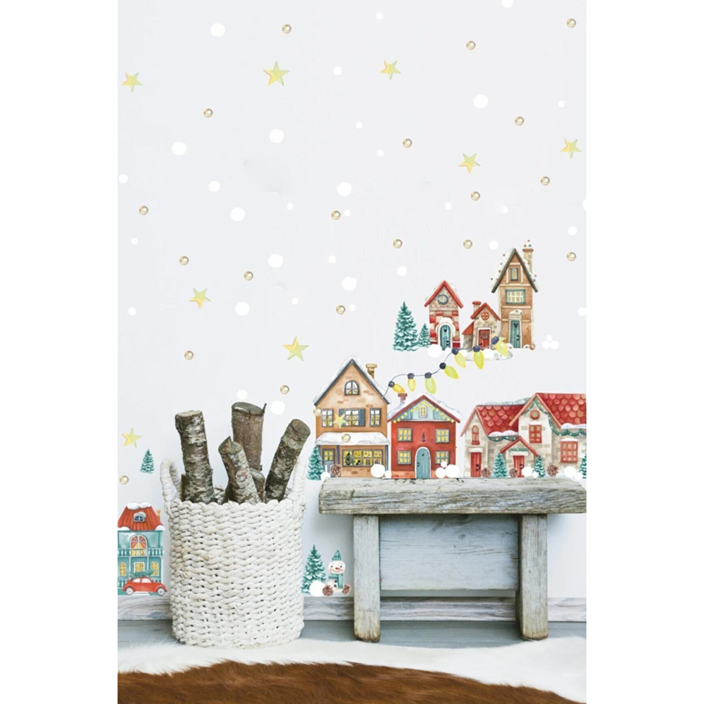 Yılbaşı Karlı Şehir Yeni Yıl Çocuk Bebek Odası Sticker Seti , Yılbaşı Süsü Yeni Yıl Kış Konsepti