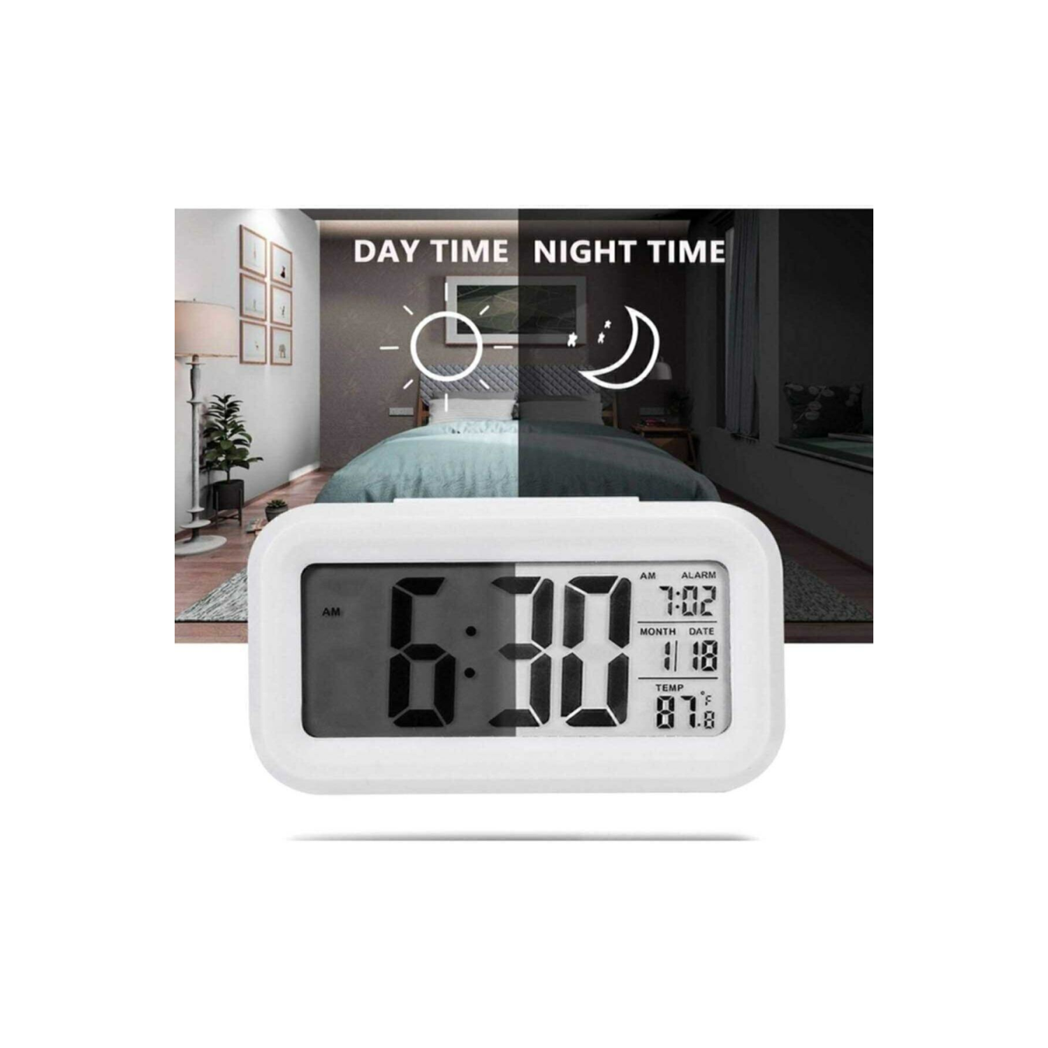 Lcd Işıklı Sensörlü Termometreli Alarmlı Dijital Masa Saati Pil