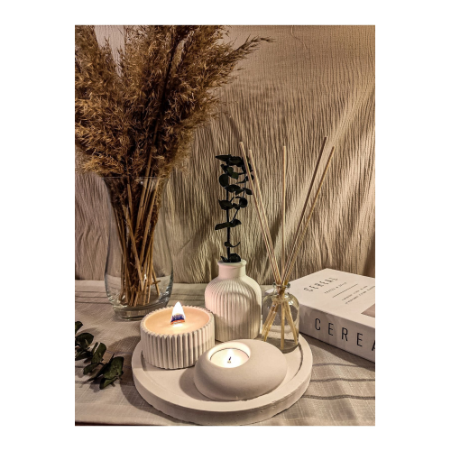 Dekoratif 5li Set Mum Çizgili Vazo Tealight mumluk ve Oda Kokusu Seti