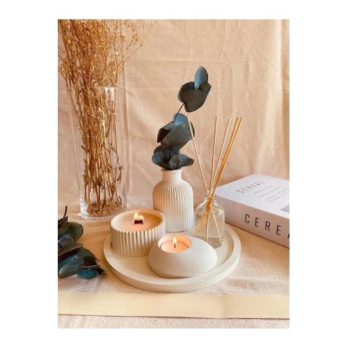 Dekoratif Tepside 5 Li Set Çizgili Vazo, Vanilya Koku Ahşap Fitil Mum, Tealight Mumluk, Oda Koku