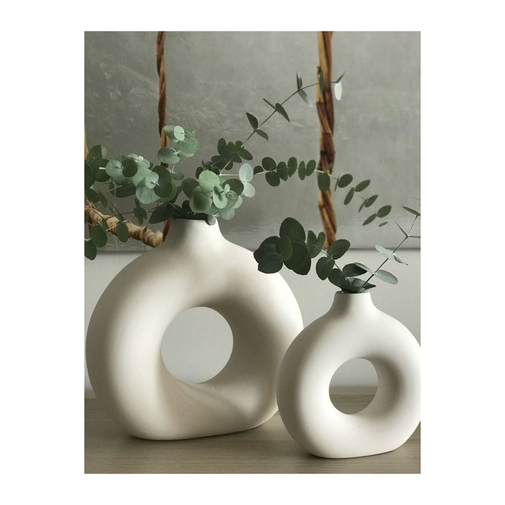 Bohem Halka Vazo Set (BÜYÜK 19X20CM, KÜÇÜK 14X15CM) Dekoratif, Hediyelik Ham Beyaz