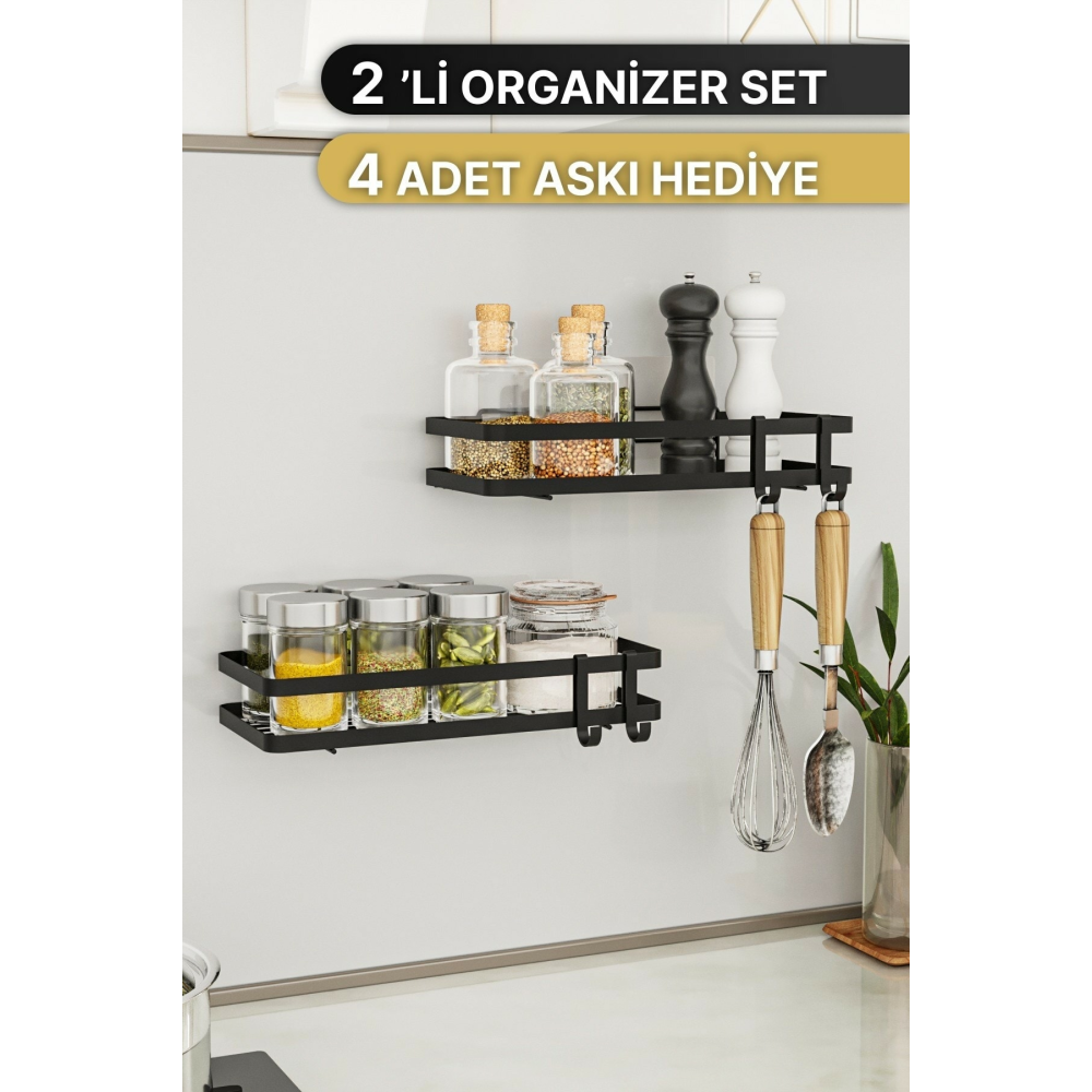 Mutfak Rafı 2'li Set Yapışkanlı Lüks Modern Siyah Metal Baharatlık Rafı Organizer Düzenleyici