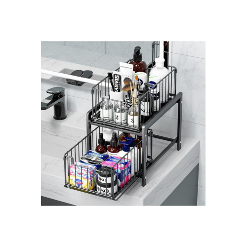 Çok Amaçlı 2 Raflı Raylı Sepet Düzenleyici Banyo Mutfak Lavabo Altı Dolap İçi Tezgah Üstü Organizer