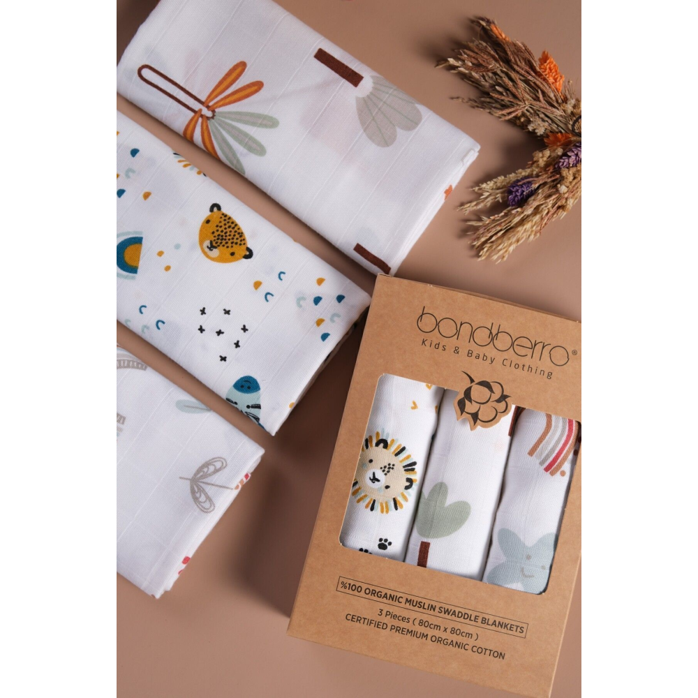 Çok Amaçlı Müslin Örtü & Battaniye 3'lü Set %100 Pamuk Oeko-teks Sertifikalı 80x80 Cm