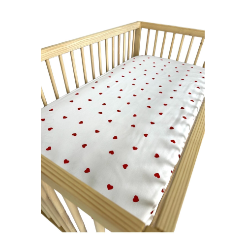 %100 Pamuk Ranforce Kumaş Lastikli Bebek Çarşafı-kırmızı Kalp-(70X110X5)(60X120X10)