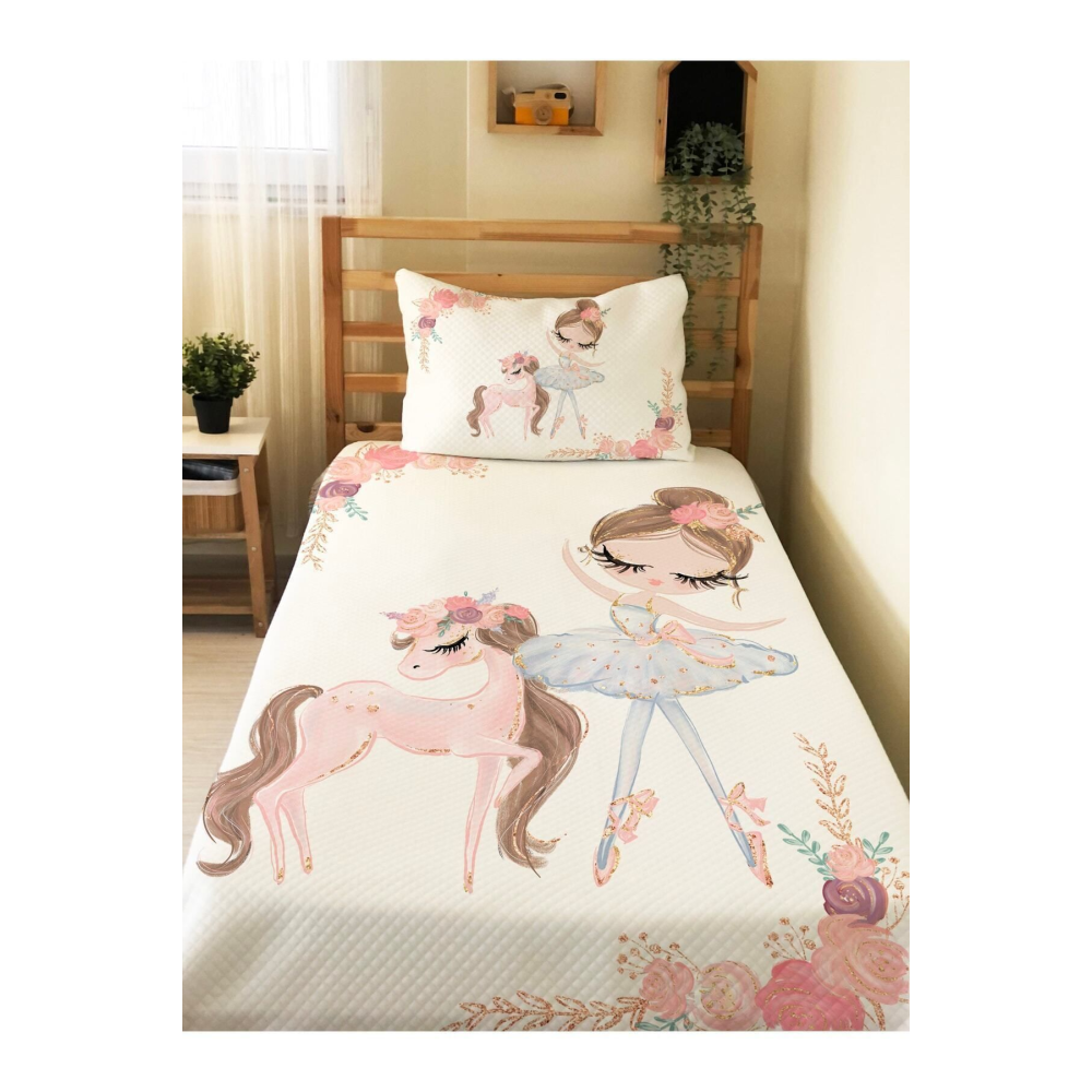 Balerin Ve Unicorn Desenli Bebek Ve Çocuk Baskılı Tek Kişilik Pike Takımı 160x230 Beyaz
