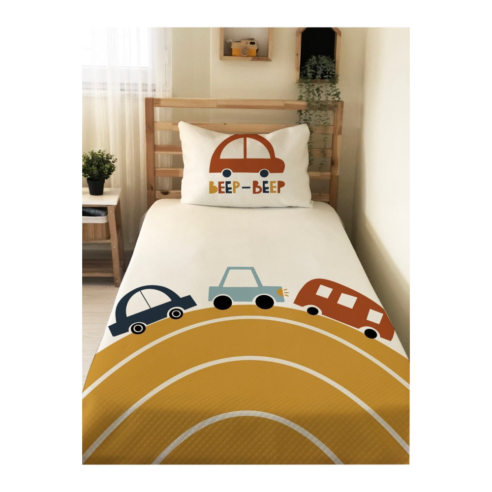 Oyuncak Araba Desenli Bebek Ve Çocuk Baskılı Tek Kişilik Pike Takımı 160x230 Beyaz