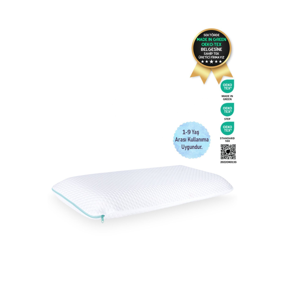 Hava Kanallı Boyun Destekli Visco Ortopedik Çocuk Yastığı (KİDS PİLLOW) 66x33x6 Cm, Turkuaz-beyaz