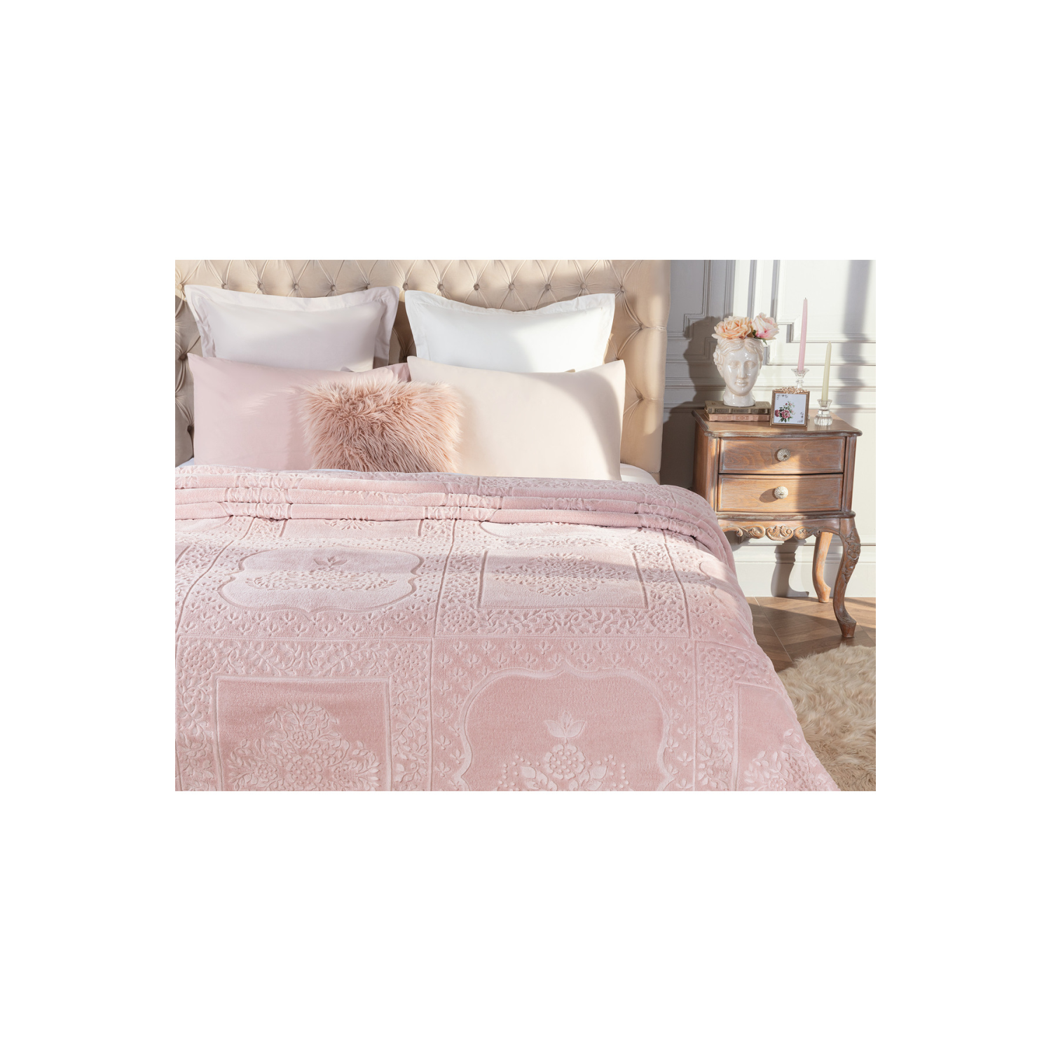 Rochelle Vizon Emboss Çift Kişilik Battaniye - Pudra