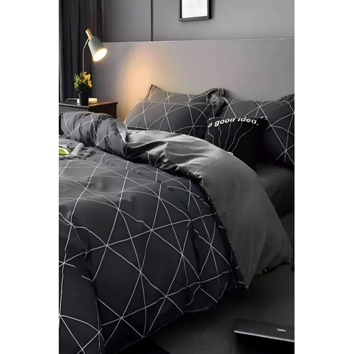 Lastikli Çarşaflı Nevresim Takımı Çift Kişilik Geometric Gri