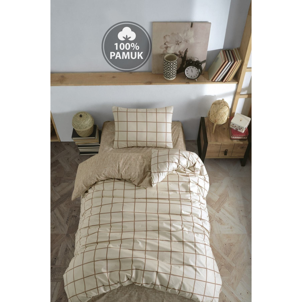 Ranforce Tek Kişilik Lastikli Çarşaflı Nevresim Takımı Kare Krem