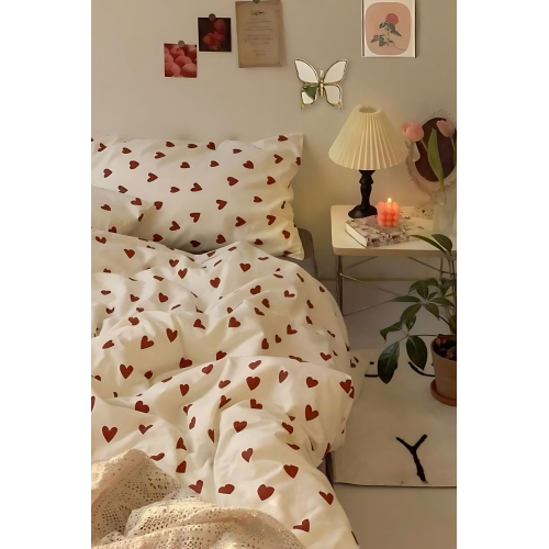 Tek Kişilik Kırmızı Kalpli Nevresim Seti | Nevresim Ve Yastık Kılıfı | Çarşafsız