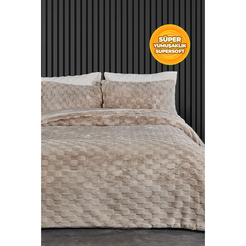 Kürk Yatak Örtüsü Yorgan Uyku Seti Çift Kişilik Çarşaflı Peluş Yumuşak Dolgulu Rody 4 Parça Bej