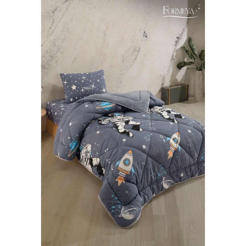 Tek Kişilik Çarşaflı Astronot Desenli Çift Taraflı Wellsoft Uyku Seti (Yorgan+Çarşaf+Yastık Kılıfı)