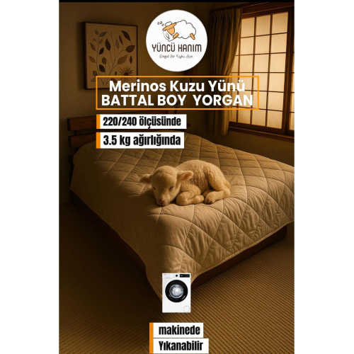 Battal Ebat Merinos Kuzu Yünü Yorgan (%100 SAF MERİNOS KUZU YÜNÜ) 220 X 240 Cm Ebat, 3500 gram