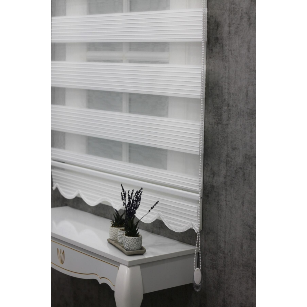 Ekru Geniş Plise Etek Dilimli Zebra Stor Güneşlik Perde