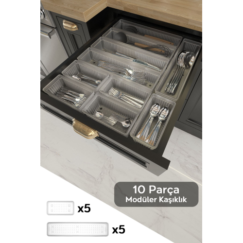 10'lu Modüler Set Kaşıklık Çekmece Içi Düzenleyici Çatal Kaşık Bıçak Düzenleme Organizeri Şeffaf