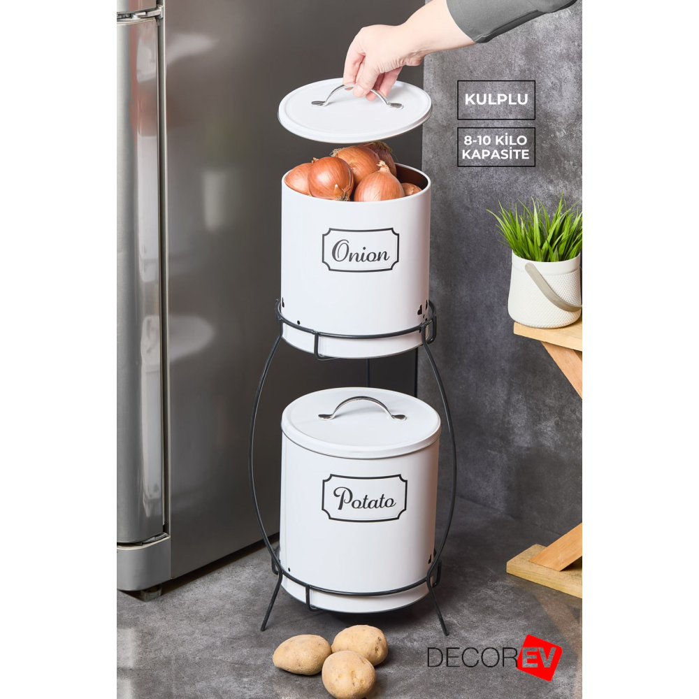 Kulplu 2 Katlı Patates Soğanlık Metal Patates Soğan Kovası Sebzelik Sepeti Beyaz