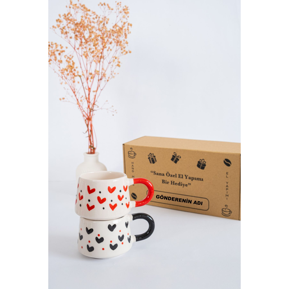 El Yapımı Seramik Kupa, Sevgililer Günü Özel 2'li Kalp Kupa