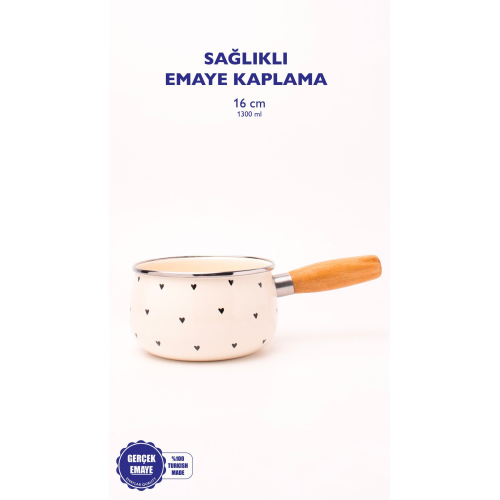 Black Cupid Ahşap Saplı Kalp Desenli Emaye Sos Tavası 1,3 Litre