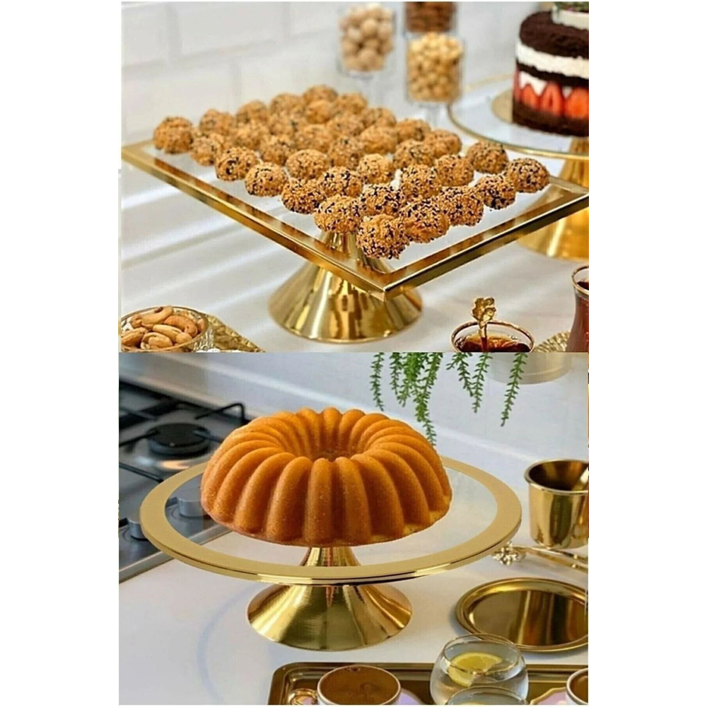 2 Parça Lüx Dikdörtgen Ve Yuvarlak Ayaklı Kek Ve Pasta Sunum Standı Çeyizlik