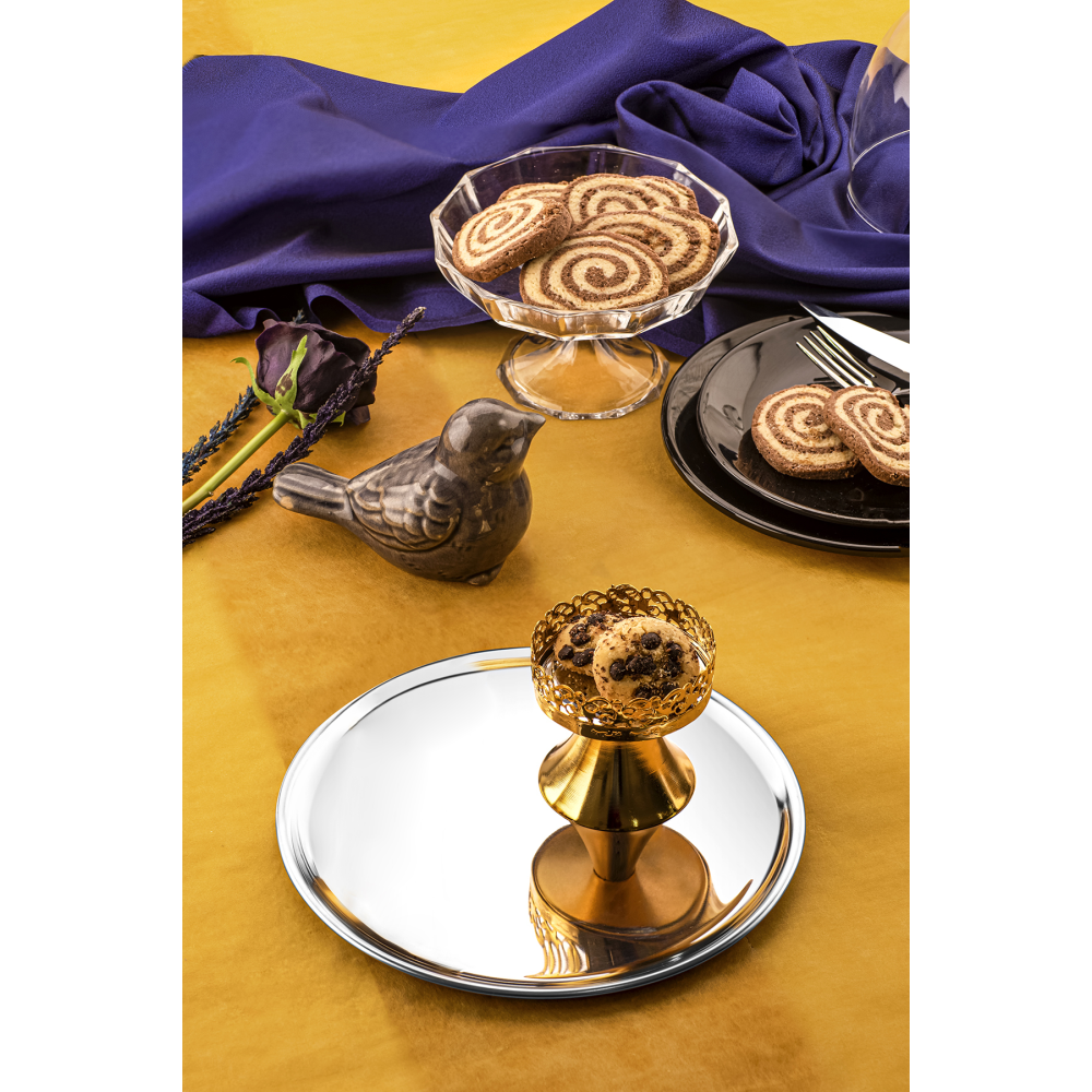 6 Adet Lüx 21,5 Cm Gümüş Yuvarlak Servis Sunum Tepsisi