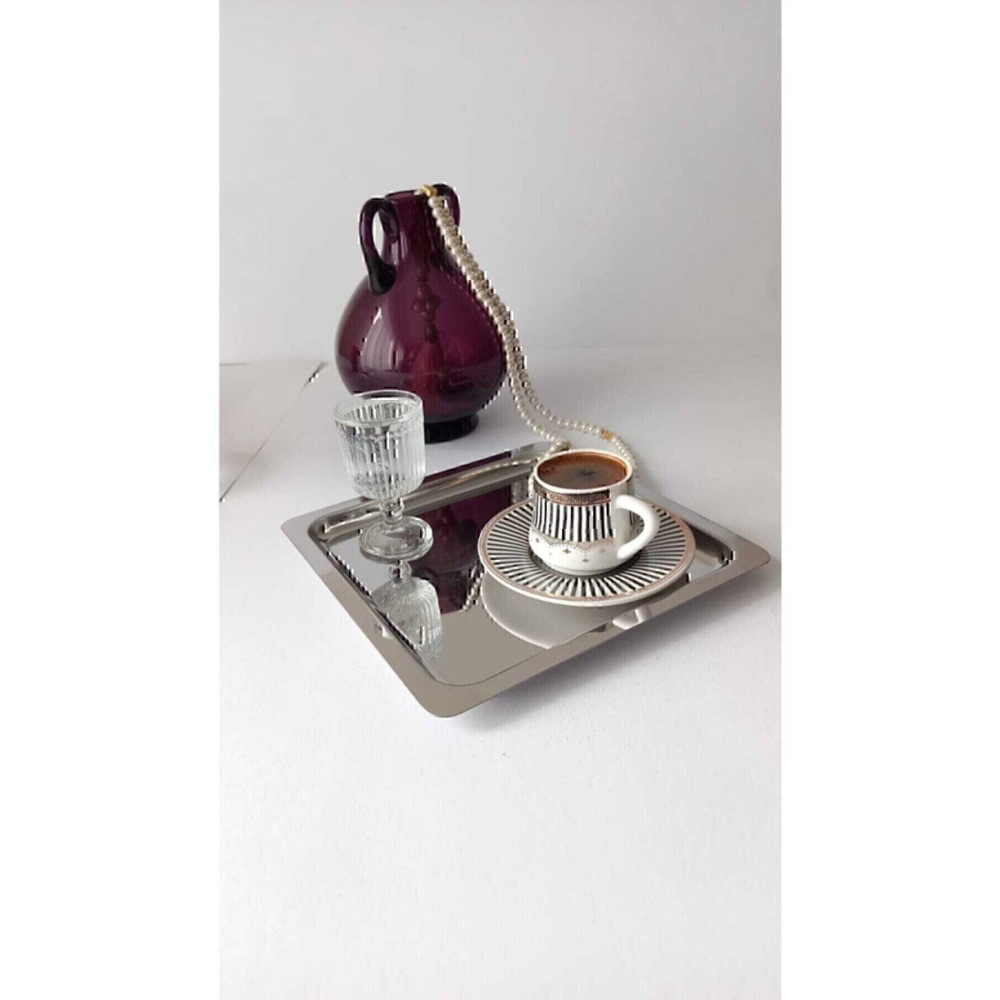 6'lı Lüx Kare Paslanmaz Çelik Gümüş Renk 24x24cm Kahve Servis Sunum Hem