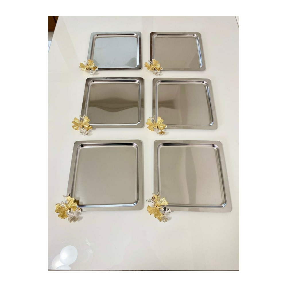 Lüx Kare Kelebek Aksesuarlı Paslanmaz Çelik 6’lı Gümüş Kahve, Çay, Dekoratif Sunum Servis Tepsisi