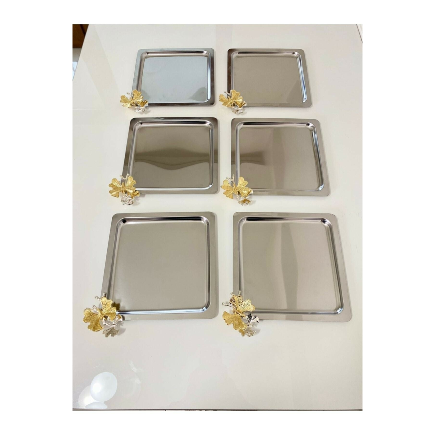 Lüx Kare Kelebek Aksesuarlı Paslanmaz Çelik 6’lı Gümüş Kahve, Çay, Dekoratif Sunum Servis Tepsisi
