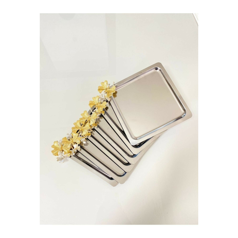 Lüx Kare Kelebek Aksesuarlı Paslanmaz Çelik 6’lı Gümüş Kahve, Çay, Dekoratif Sunum Servis Tepsisi