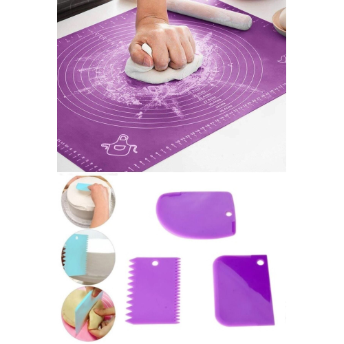 Silikon Hamur Açma Matı Ölçekli Hamur Açma Altlığı Ve 3'lü Hamur Kesici Kazıyıcı Dekoratör Set