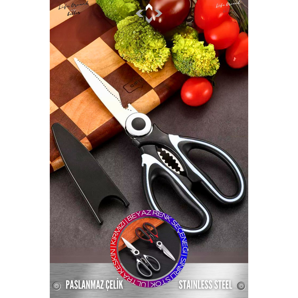 Paslanmaz Çelik Ultra Keskinleştirilmiş Mutfak Makası Çok Amaçlı Balık Et Sebze Makası Koruma Kapakl