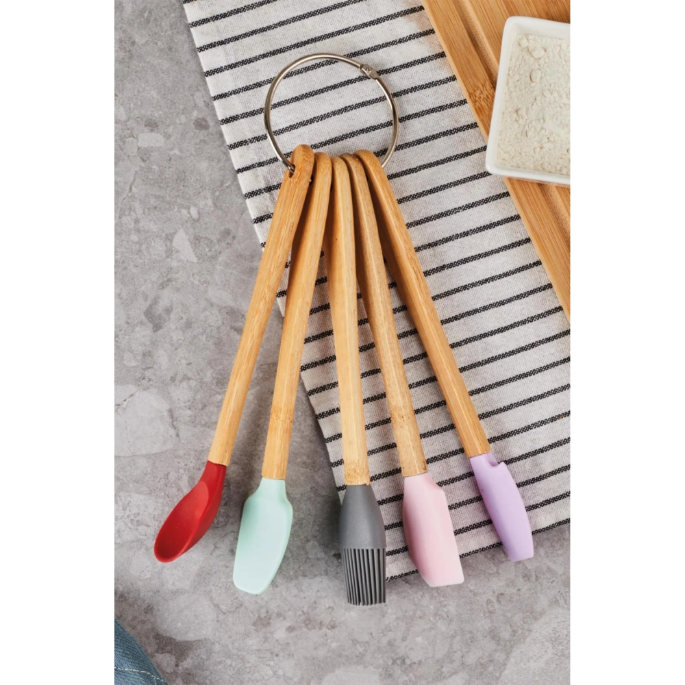 5 Parça Mini Silikon Spatula Kaşık Fırça Seti - High Quality - Bambu Saplı
