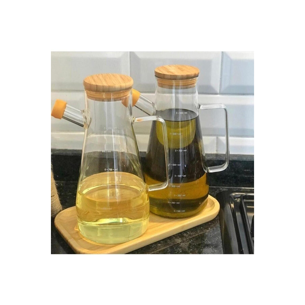 Bambu Kapaklı Vakumlu Borosilikat 3'lü Set Cam Yağlık Sirkelik Bambu Altlık