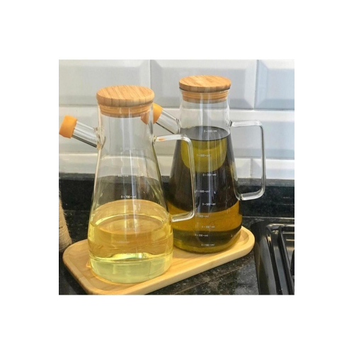 Bambu Kapaklı Vakumlu Borosilikat 3'lü Set Cam Yağlık Sirkelik Bambu Altlık