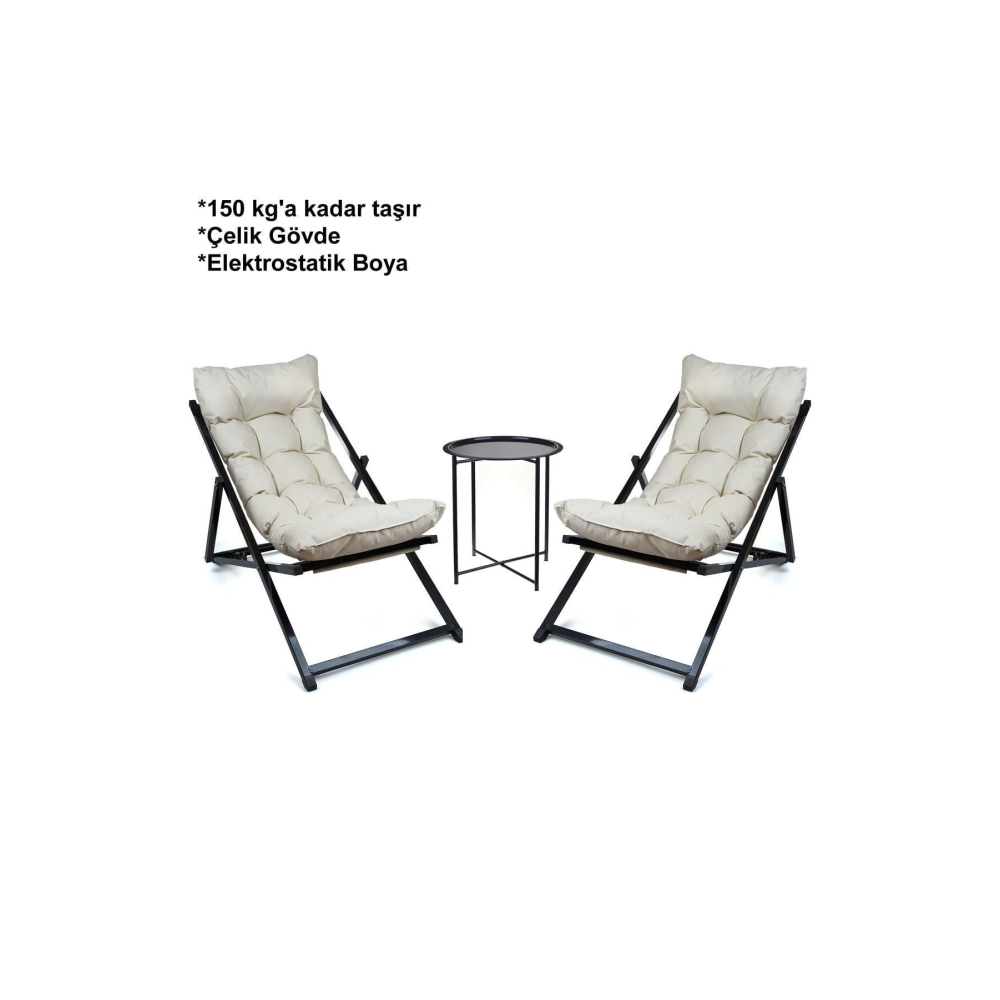 Minderli - Zetas Şezlong Seti Bahçe&balkon&teras&plaj Katlanır Ikili Set - 2 Şezlong 1 Sehpa