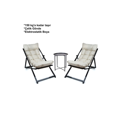 Minderli - Zetas Şezlong Seti Bahçe&balkon&teras&plaj Katlanır Ikili Set - 2 Şezlong 1 Sehpa