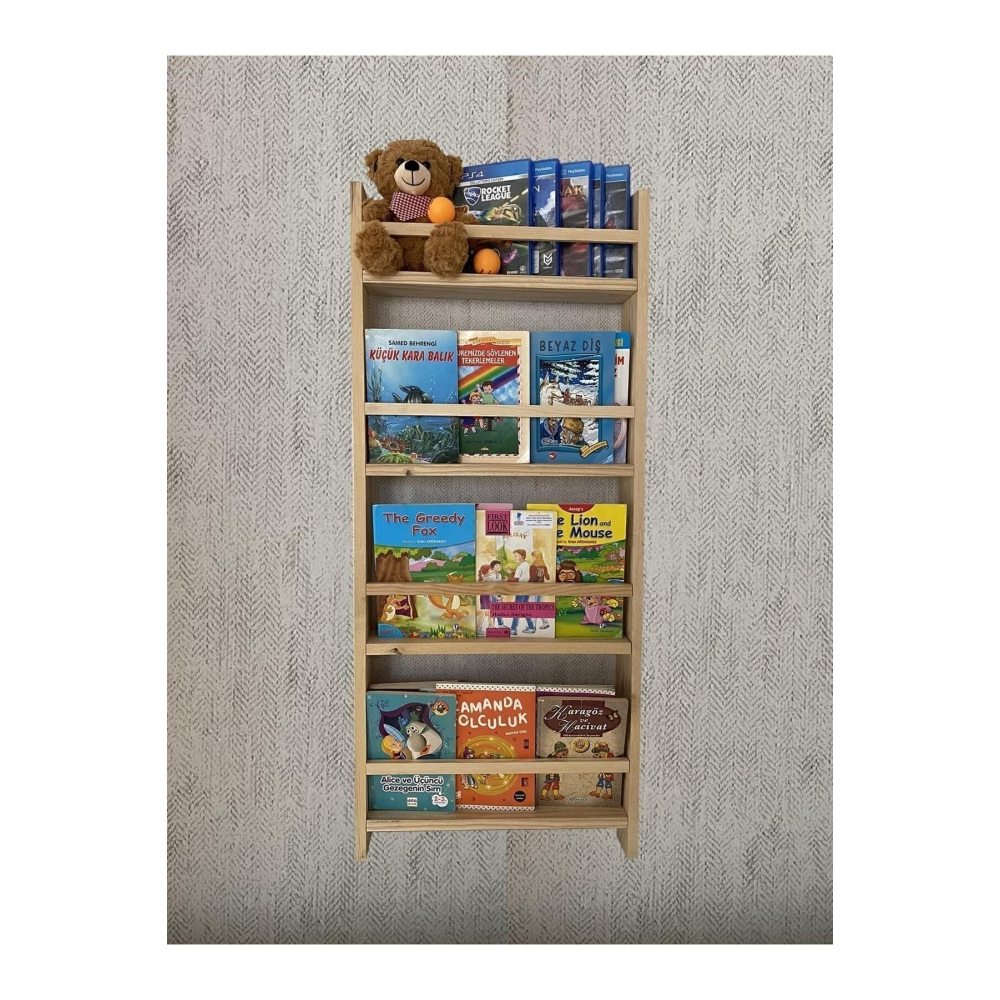 Montessori Kitaplık Ahşap Eğitici Çocuk Kitaplığı Çocuk Odası 100x40cm