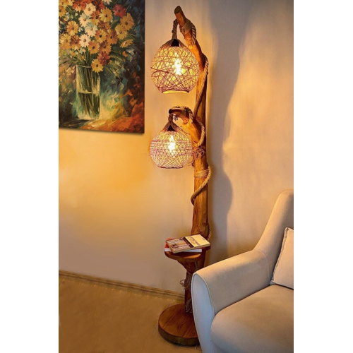 Lambader Kahverengi Doğal Ağaç Yalıkavak Serisi Çift Küre Aydınlatma 140cm