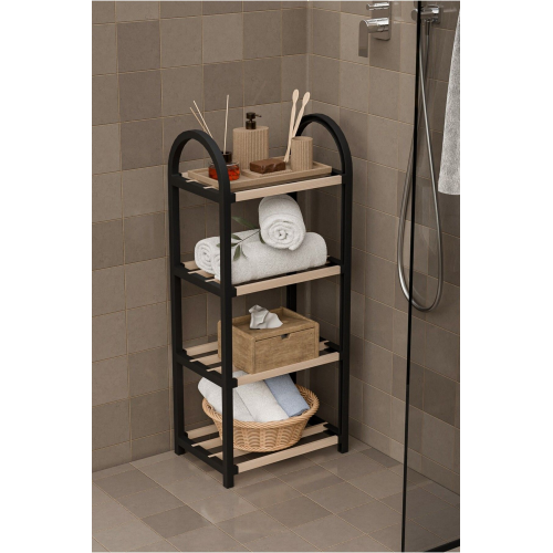 Chawood Mini Ahşap Çubuklu 4 Bölmeli Siyah Banyo Düzenleyici Masif Ahşap Ayakkabılık Raf Ünitesi