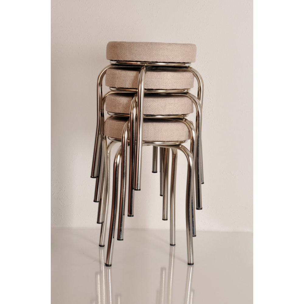 4 Adet Krem Desenli Renkli Kumaş Nikelajlı Demir Tabure Mutfak Taburesi(DEMONTE)