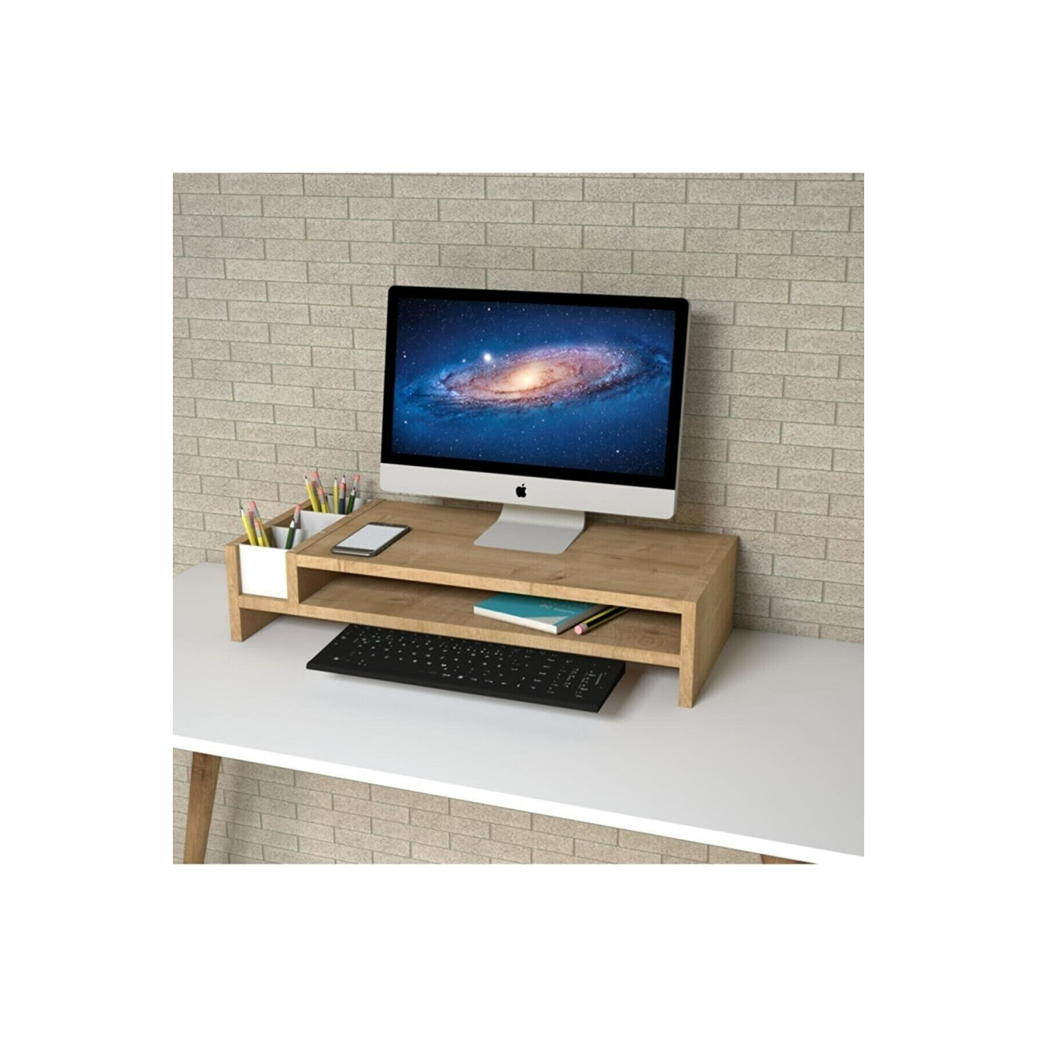 Ahsap Monitör Yükseltici Ve Organizer Dekoratif Laptop Standı