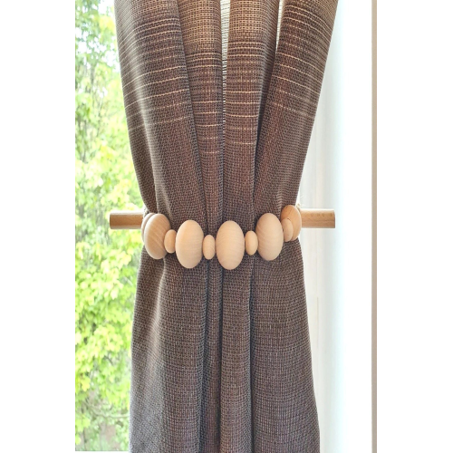 2 Adet Hasır Halatlı Ahşap Sopalı Doğal Boncuklu Dekoratif Perde Tutacağı