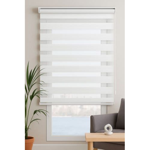 Ekru Beyaz Geniş Plise Eteği Düz Stor Zebra Güneşlik Perde Alüminyum Kasa, Metal Ayak