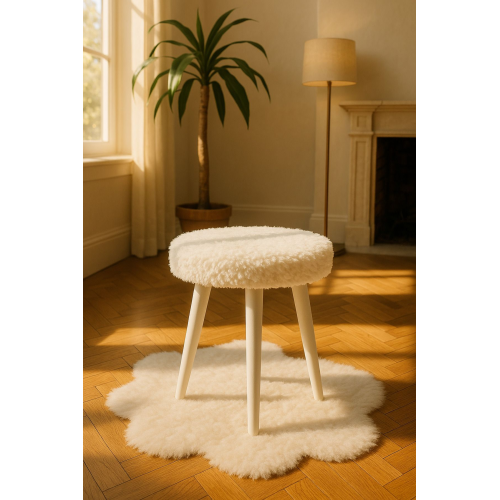 Gürgen Ahşap Retro Ayak Dekoratif Beyaz Pelüş Puf Tabure Bench Koltuk Sandalye