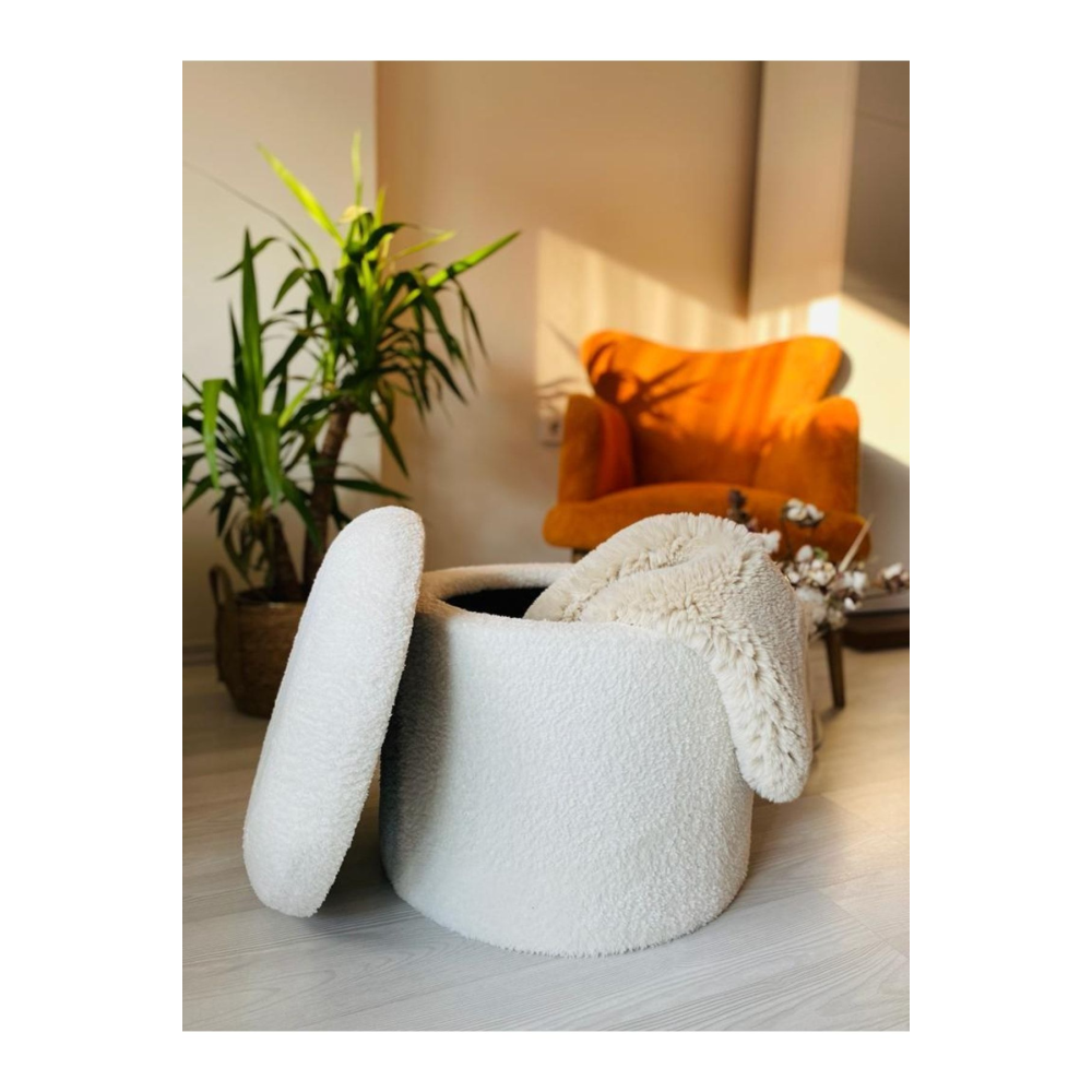 Handmade X Large Beyaz Tedy Kumaş Sandıklı Silindir Dekoratif Pufidik Puf Bench
