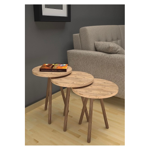 3’lü Yuvarlak Zigon Sehpa Takımı –hobistan Ahşap Ayaklı, Modern Tarz, Kahve Ve Sunum Sehpası